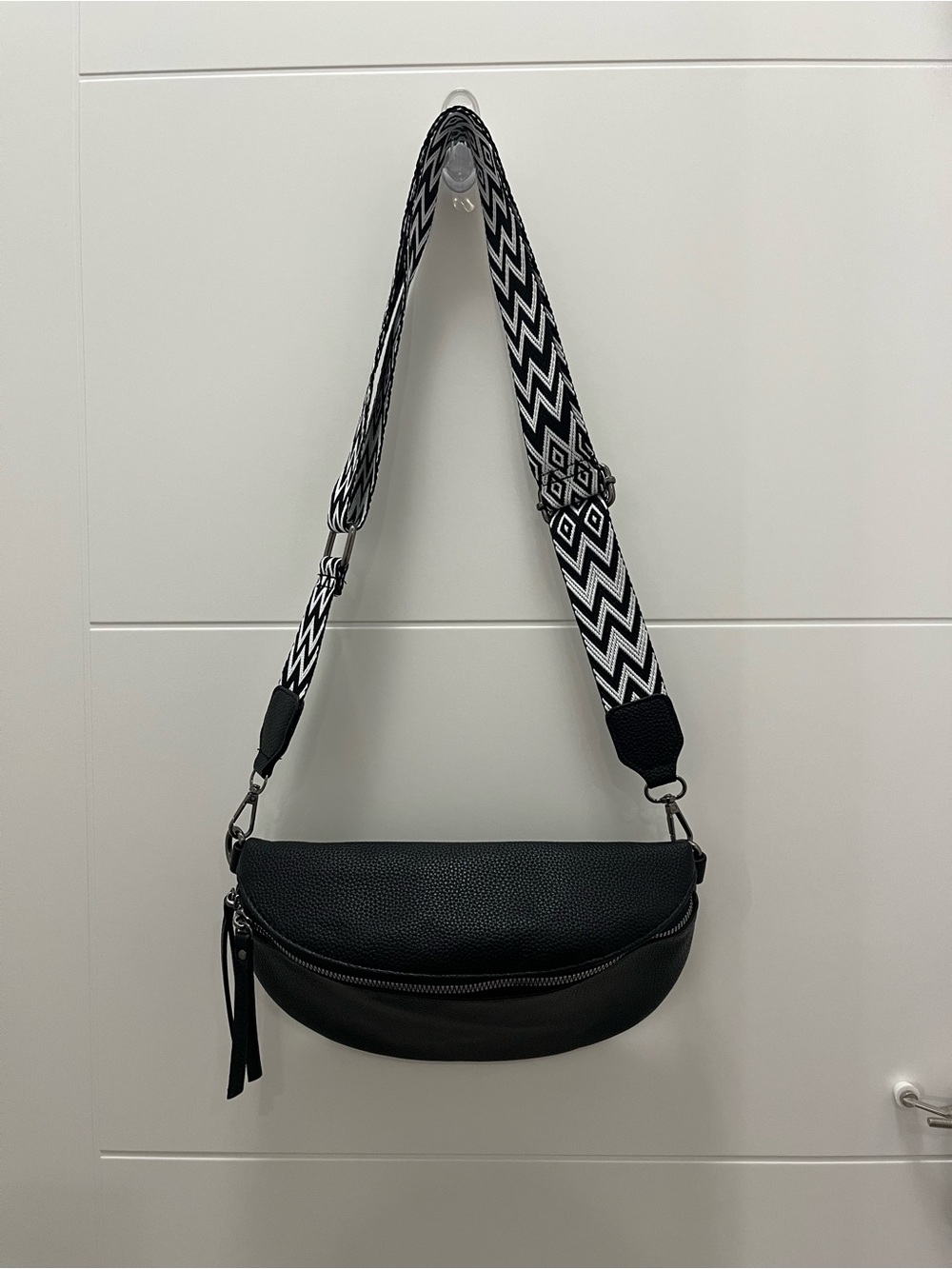 Black Leather Crossbody Bag with Patterned Strap